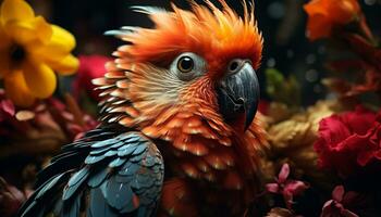 linda guacamayo encaramado en rama, vibrante colores en naturaleza generado por ai foto