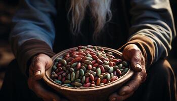 A farmer hand picking fresh organic fruit from nature bounty generated by AI photo