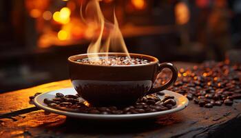 A hot cup of coffee on a wooden table, steam rising generated by AI photo