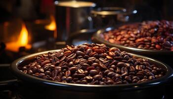 Freshly roasted coffee beans, a barista art, steaming cappuccino perfection generated by AI photo