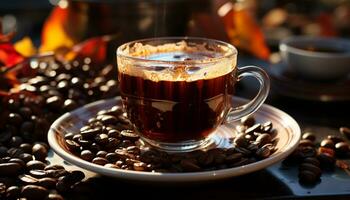 Freshness in a cup, dark liquid, coffee bean, gourmet refreshment generated by AI photo
