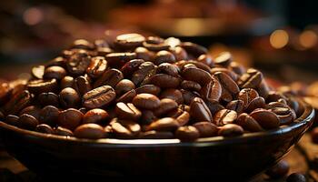 Aromatic coffee beans on a wooden table, a barista delight generated by AI photo