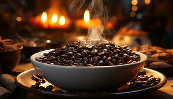 Aromatic coffee bean, hot drink, steam, refreshing liquid, coffee shop generated by AI photo