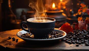 Coffee cup on wooden table, steam rising, creating a cozy atmosphere generated by AI photo