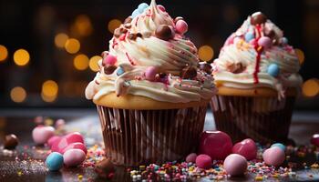 A vibrant, homemade cupcake with ornate decoration and sweet icing generated by AI photo