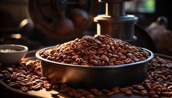 Freshly ground coffee beans on a wooden table, a caffeine boost generated by AI photo