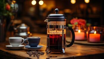 Coffee cup on wooden table, steam rising, creating cozy ambiance generated by AI photo