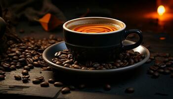 oscuro café frijol calor en mesa, frescura en café taza generado por ai foto
