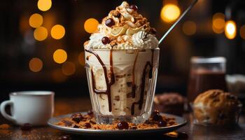 Indulgent dessert  creamy chocolate milkshake with whipped cream and cookie generated by AI photo