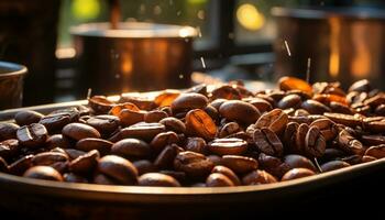 Fresh coffee beans on wooden table, steam rising, inviting aroma generated by AI photo