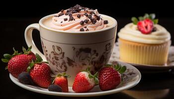Freshness of summer berries on a rustic wooden table, indulgent dessert generated by AI photo