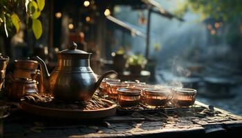 Hot tea steams on an old wooden table, warming cultures generated by AI photo