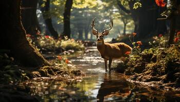 Tranquil scene of a stag standing in a forest pond generated by AI photo