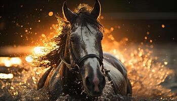 Stallion mane splashing in wet meadow, beauty in nature motion generated by AI photo