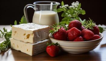 Freshness, food, strawberry, fruit, healthy eating, gourmet, table, organic, milk, dessert generated by AI photo