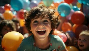 Smiling children play, laugh, and enjoy a carefree summer party generated by AI photo