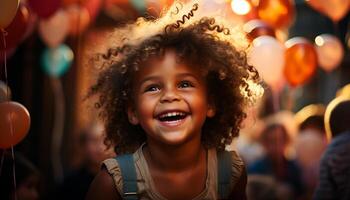 Smiling child, cheerful and happy, curly hair, looking at camera generated by AI photo