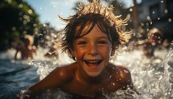 Smiling child splashing in water, enjoying carefree summer vacations generated by AI photo