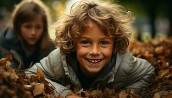sonriente niño encuentra felicidad en otoño, alegre infancia en naturaleza generado por ai foto
