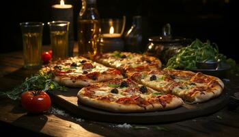 recién horneado Pizza en un de madera mesa, un gastrónomo italiano comida generado por ai foto