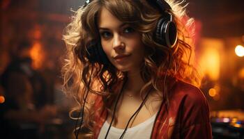 Smiling young woman enjoys nightlife, wearing headphones at nightclub generated by AI photo