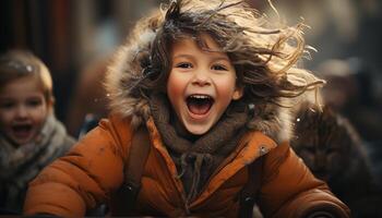 Smiling child, happiness, cheerful, cute, fun, warm clothing, joy, childhood, playful, laughter generated by AI photo