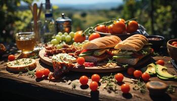 Grilled meat sandwich on rustic bread, fresh salad, and wine generated by AI photo