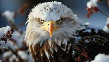 majestuoso calvo águila encaramado en Nevado rama, mirando a cámara generado por ai foto
