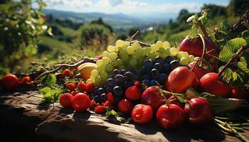 Freshness of nature bounty  juicy grape, ripe tomato, sweet strawberry generated by AI photo