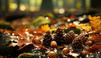 Autumn leaf decoration on table, vibrant colors, beauty in nature generated by AI photo