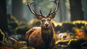 Cute deer in winter forest, looking at camera with tranquility generated by AI photo