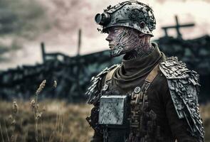 Retrofuturistic Cyborg WWI Soldier on the Battlefield   generative ai photo