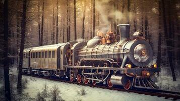 Retrofuturistic Steampunk Train Amid Siberian Frozen Forest   generative ai photo