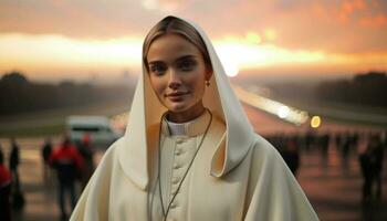 retrato de un hermosa joven mujer, simbolizando cristiandad. generativo ai. foto