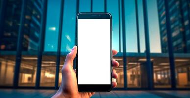 Mockup image of man holding smartphone with blank white screen, business concept - AI generated image photo