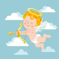 Cute cupid with bow and arrow, baby angel with a halo in the sky with clouds. Illustration, vector