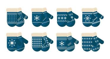 Set of mittens with snowflake ornament. Print, Christmas decor elements, vector