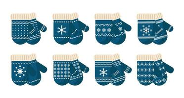 Set of mittens with snowflake ornament. Print, Christmas decor elements, vector