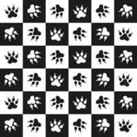 Seamless pattern, cat and dog footprints on a checkered background. Black and white simple design. Print, background, wallpaper, vector