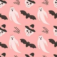 Halloween pink baby background. Seamless pattern with cute Halloween elements, ghosts, skull in a hat, bats. Cartoon design in flat style. Vector