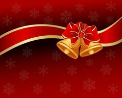 Christmas red shiny background with bell, red bow and ribbon on red snowflakes background. Print, poster, vector