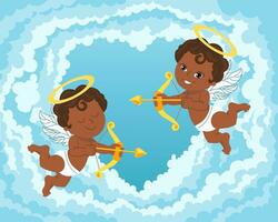 Cute cupid angels with bows and arrows in the clouds in the sky. Illustration for wedding, valentine, vector