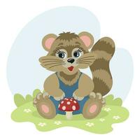 Cute cartoon raccoon character with fly agaric mushroom in a meadow with daisies. Illustration in flat style. Baby print. Vector