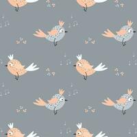 Seamless pattern, cute cartoon pink birds and paw prints on a gray background. Print, textile, vector