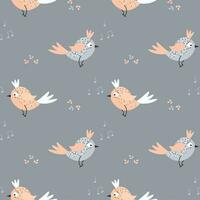 Seamless pattern, cute cartoon pink birds and paw prints on a gray background. Print, textile, vector