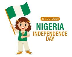 Nigeria Independence Day. Cute little girl with Nigerian flag. Cartoon illustration, banner, poster, vector