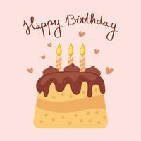 contento cumpleaños tarjeta con pastel, velas y caligráfico letras. fiesta ilustración en plano estilo. vector