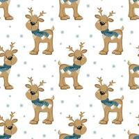 Seamless pattern, cute cartoon Christmas reindeer on a white background with snowflakes. Print, textile, vector
