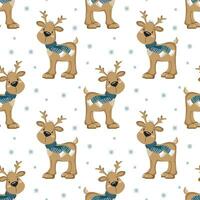 Seamless pattern, cute cartoon Christmas reindeer on a white background with snowflakes. Print, textile, vector