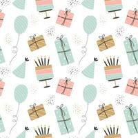 Seamless pattern Happy Birthday. Cakes, balloons, gift boxes and party hats. Festive background in simple style with golden sparkles, vector